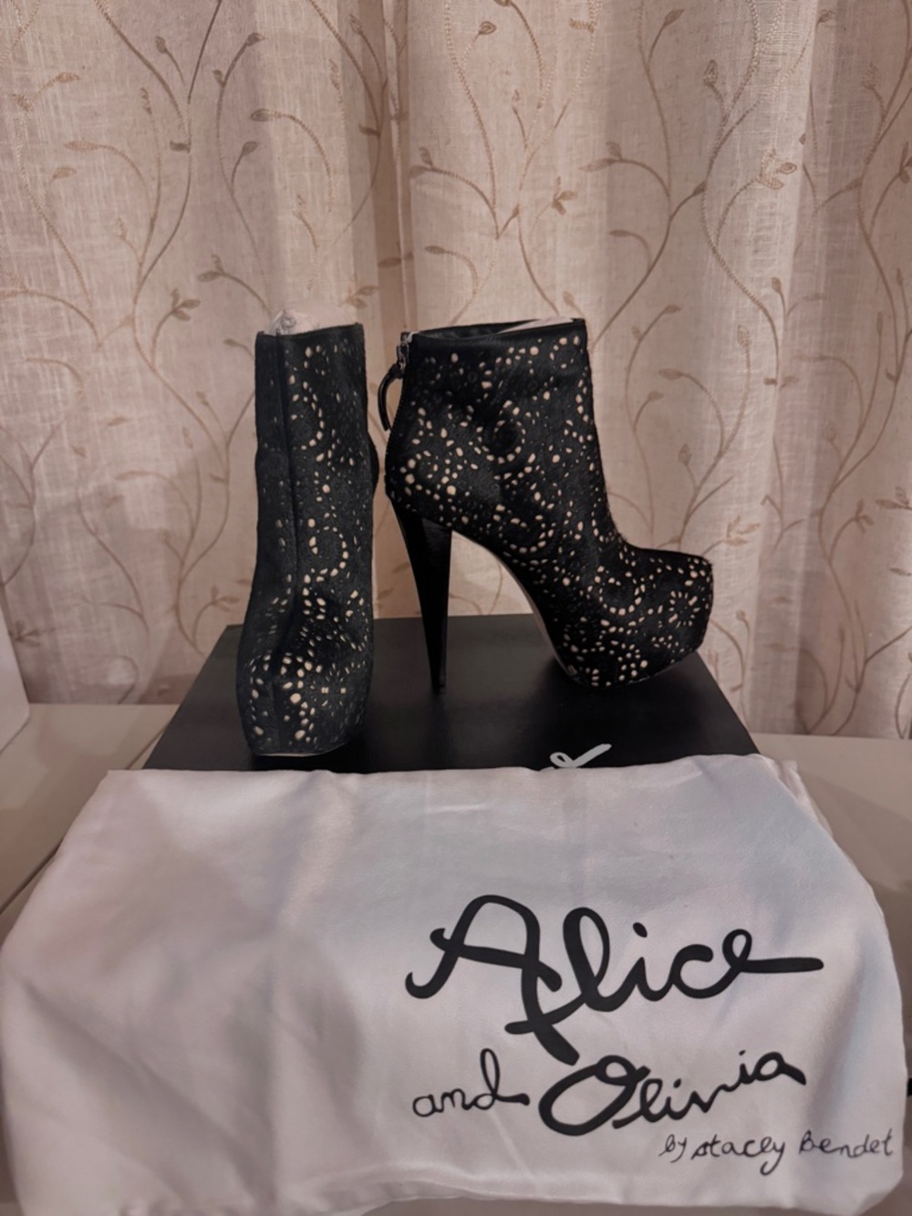 Alice + Olivia PAIGE Black Laser-Cut Platform Ankle Boots